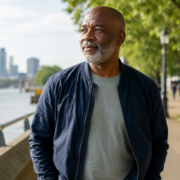A middle-aged man standing beside a river in daylight
