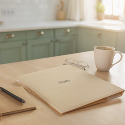 A folder marked Results on a sunlit kitchen table with a coffee mug and reading glasses.