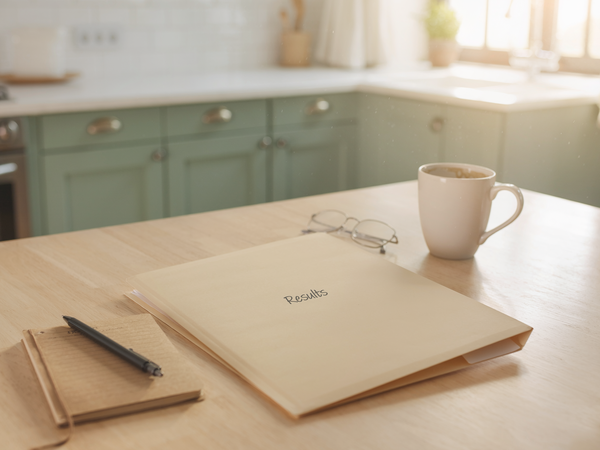 A folder marked Results on a sunlit kitchen table with a coffee mug and reading glasses.