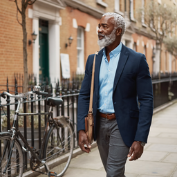A thoughtful professional walking a classic London street with period medical buildings, daytime