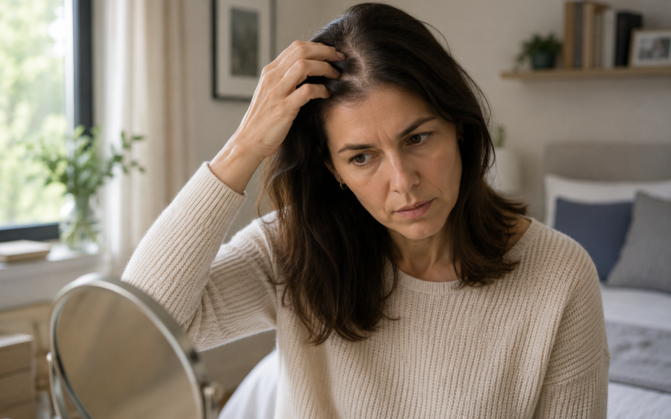 A woman in her forties checking her parting in a mirror at home.