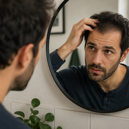 A man checking his hairline in a bathroom mirror
