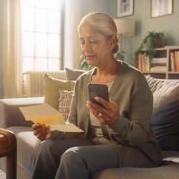 A South Asian woman in her fifties at home, reading a paper letter and holding a smartphone.