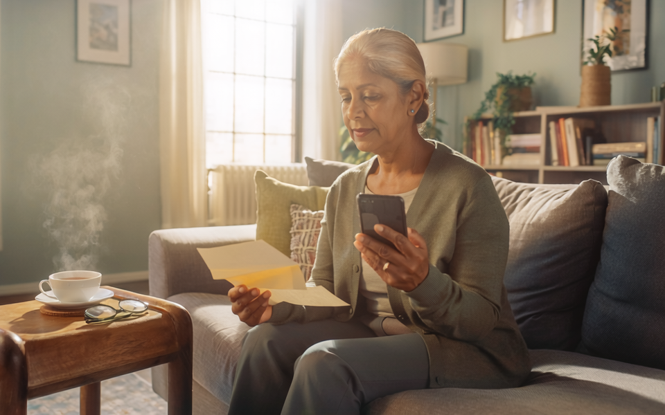 A South Asian woman in her fifties at home, reading a paper letter and holding a smartphone.