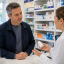 A man speaking with a pharmacist in a bright pharmacy