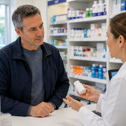 A man speaking with a pharmacist in a bright pharmacy
