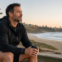 A man sitting by the coast with a coffee in soft evening light