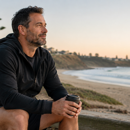 A man sitting by the coast with a coffee in soft evening light