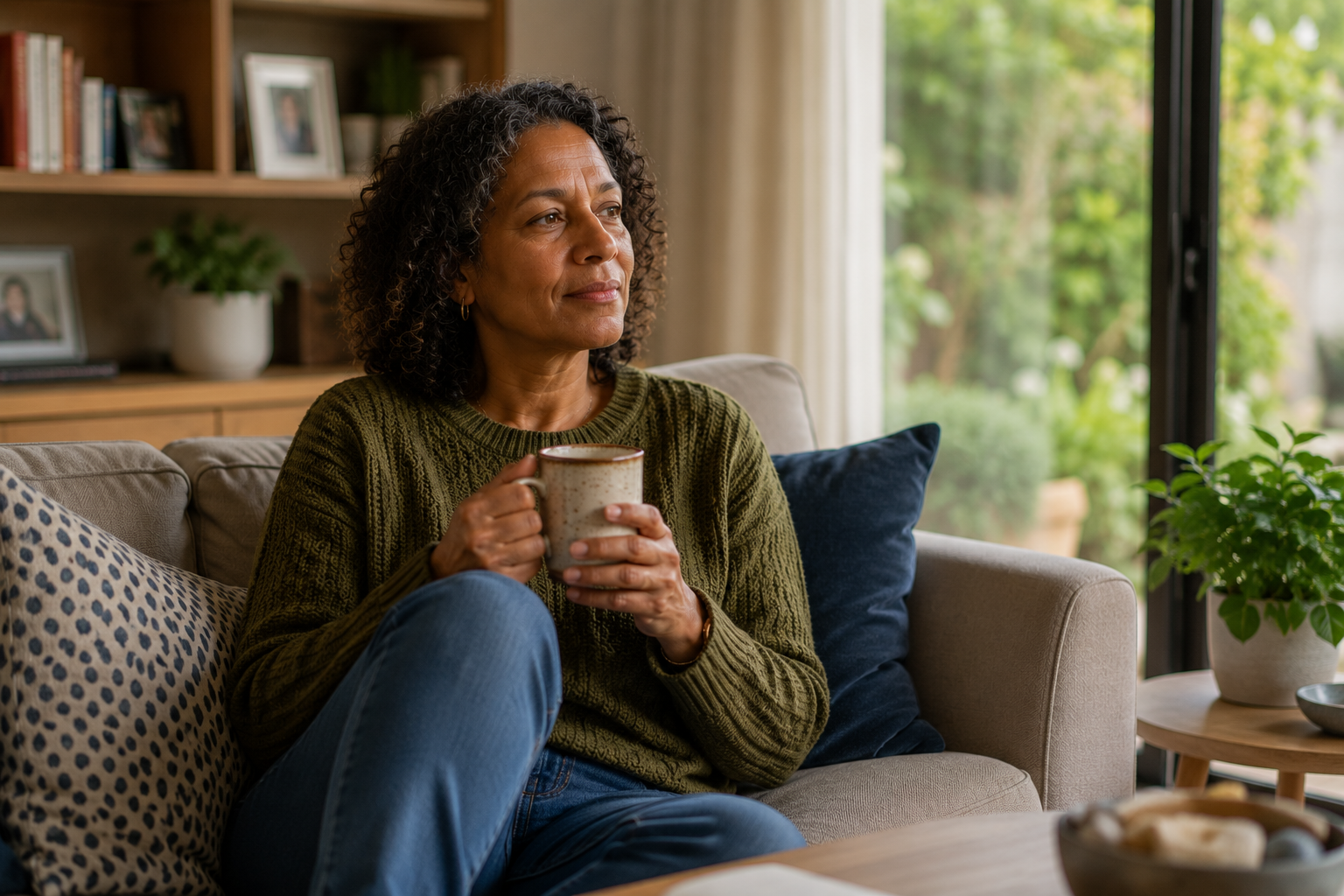 A middle-aged woman sitting quietly at home with a mug looking out of a window