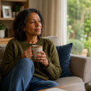 A middle-aged woman sitting quietly at home with a mug looking out of a window