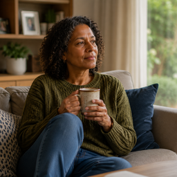 A middle-aged woman sitting quietly at home with a mug looking out of a window