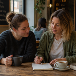 Two women talking over coffee and notes in a relaxed café