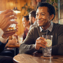 A young adult in their late 20s enjoying a social evening with a soft drink in hand, relaxed not isolated