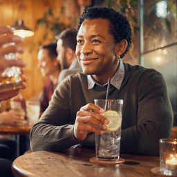 A young adult in their late 20s enjoying a social evening with a soft drink in hand, relaxed not isolated
