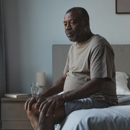 Black man in his fifties sitting on the edge of a bed in a calm London bedroom in the morning.