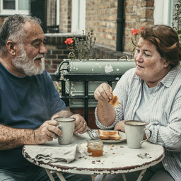 Couple in their fifties having breakfast together on a London balcony.
