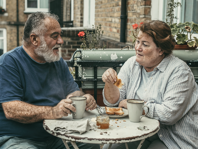 Couple in their fifties having breakfast together on a London balcony.