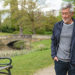 A man in his 50s on a relaxed daytime walk in a park, ordinary and dignified