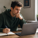 A young man writing notes while working on a laptop in a calm home office