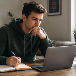A young man writing notes while working on a laptop in a calm home office