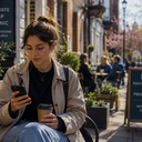 A young woman sitting outside a clinic looking at her phone with a coffee
