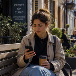 A young woman sitting outside a clinic looking at her phone with a coffee