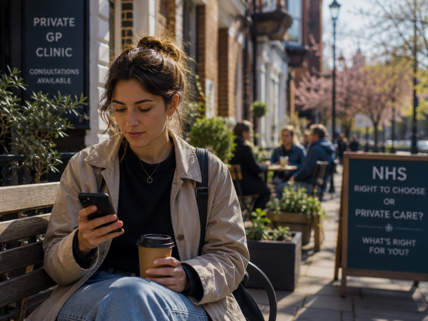 A young woman sitting outside a clinic looking at her phone with a coffee