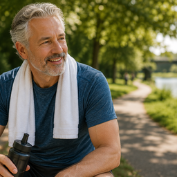 An older man resting with a water bottle after exercise in a sunny park