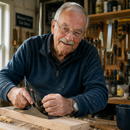 An elderly man working with wood in a bright home workshop