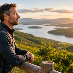 A man looking across hills and water at sunset while hiking