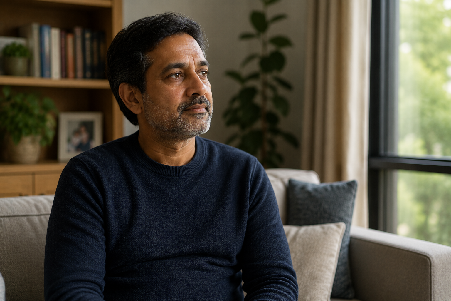 A South Asian man sitting quietly at home looking out of a window