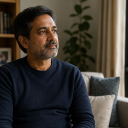 A South Asian man sitting quietly at home looking out of a window