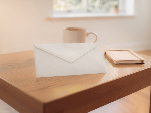 A plain sealed white envelope on a sunlit wooden side table.