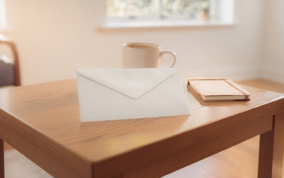 A plain sealed white envelope on a sunlit wooden side table.