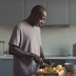Adult preparing a simple meal in a modern home kitchen.