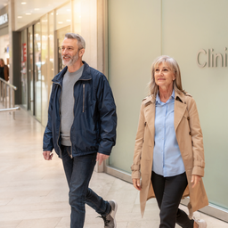 Two Londoners walking past a clinic frontage inside Westfield London on a bright weekday morning.
