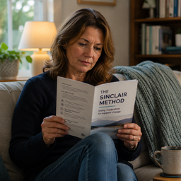 A woman sitting at home reading a booklet about The Sinclair Method
