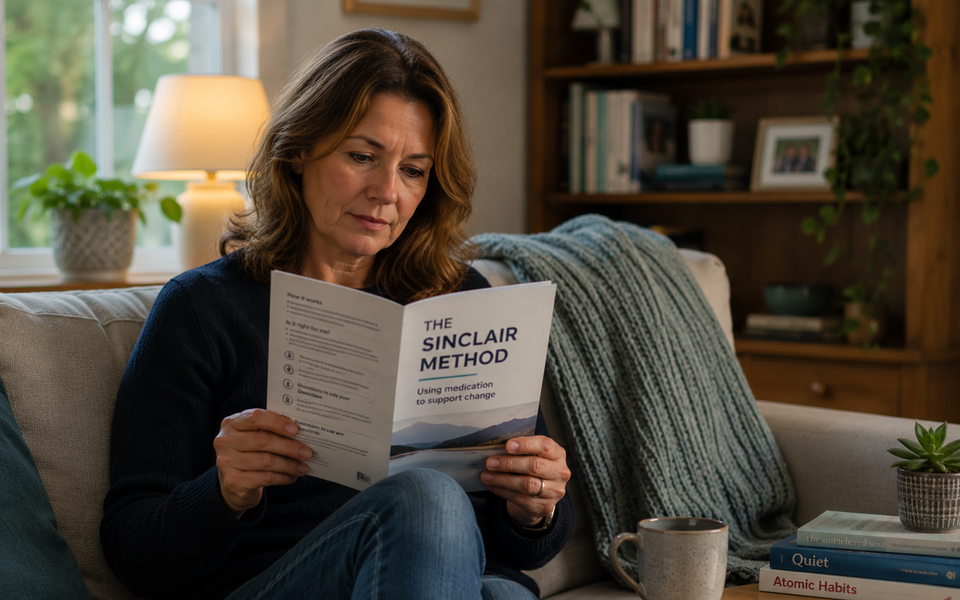 A woman sitting at home reading a booklet about The Sinclair Method