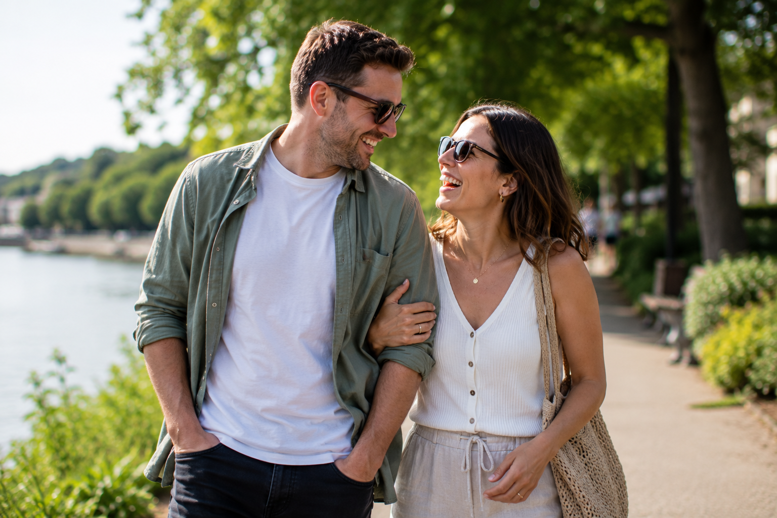 A couple walking together outdoors