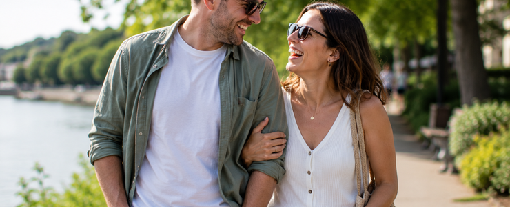 A couple walking together outdoors