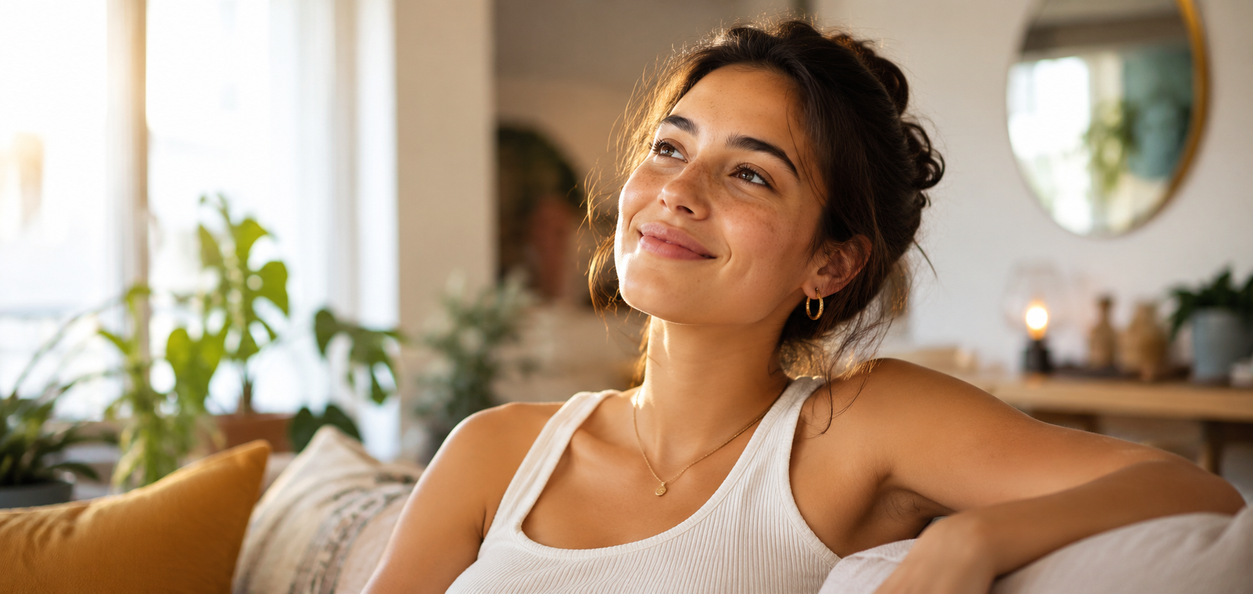 A young woman at home, reassured after getting emergency contraception