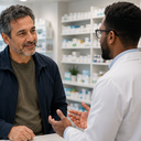 A man speaking with a pharmacist in a bright pharmacy