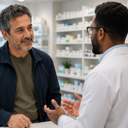 A man speaking with a pharmacist in a bright pharmacy