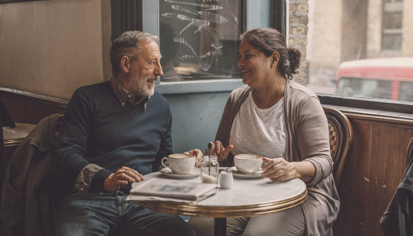Mixed-heritage couple at a small London cafe by a window.
