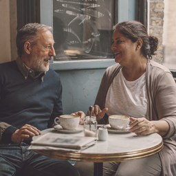 Mixed-heritage couple at a small London cafe by a window.
