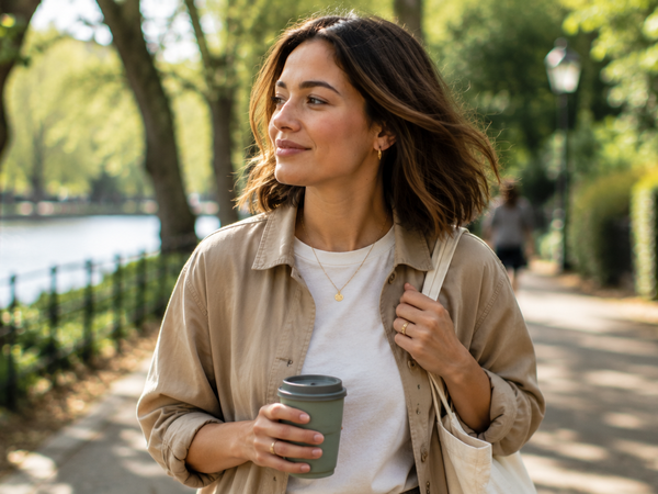 A woman out and about with a coffee