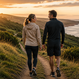 Two adults walking along a coastal hillside path at sunset