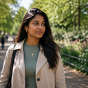 A young South Asian woman walking through a park in daylight