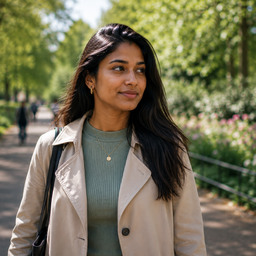 A young South Asian woman walking through a park in daylight