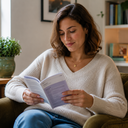 A young woman reading health information in a comfortable chair at home